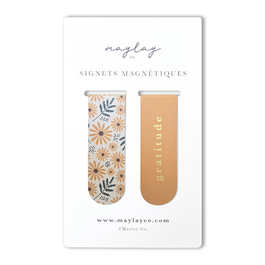 French Hello Daisy « Gratitude » Signets Magnétiques / Magnetic Bookmarks (Ensemble de 2) — Pour Livres, Journaux et Agendas
