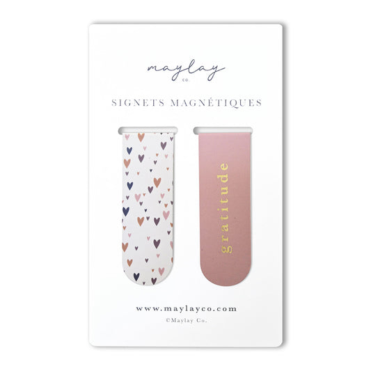 French Little Hearts  « Gratitude » Signets Magnétiques / Magnetic Bookmarks (Ensemble de 2) — Pour Livres, Journaux et Agendas