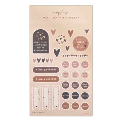 Little Hearts Washi Planner Stickers — Mindful Sticker Sheet for Planners, Journals & Bullet Journaling