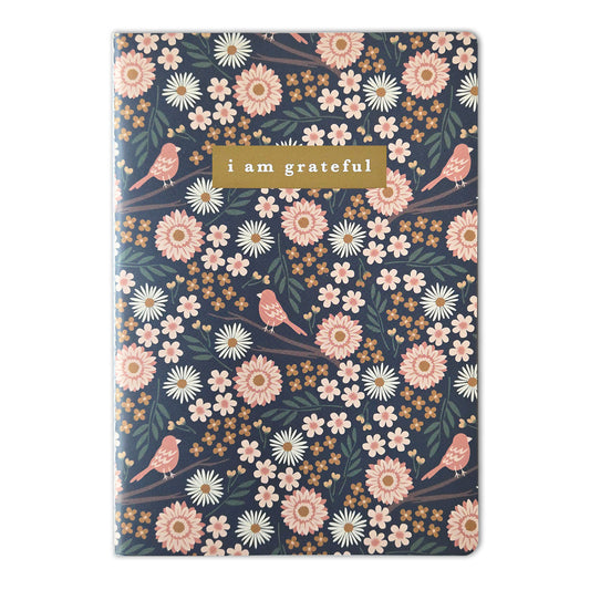 Birdy Floral "I Am Grateful" Jotter Notebook — Gold Foil with Dotted Grid Pages B6 Size