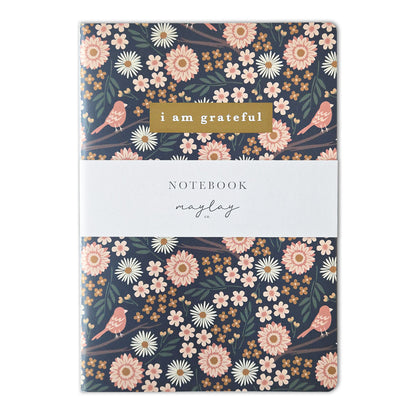 Birdy Floral "I Am Grateful" Jotter Notebook — Gold Foil with Dotted Grid Pages B6 Size