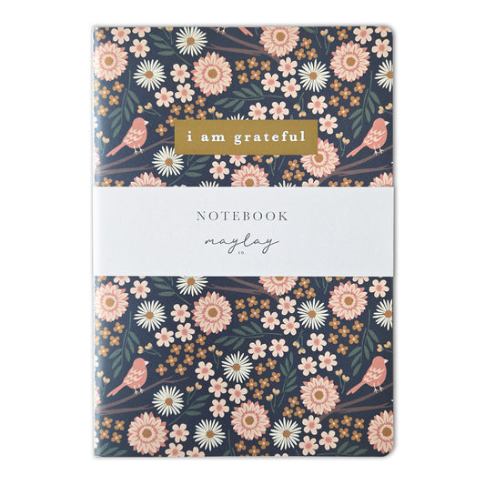 Birdy Floral "I Am Grateful" Jotter Notebook — Gold Foil with Dotted Grid Pages B6 Size