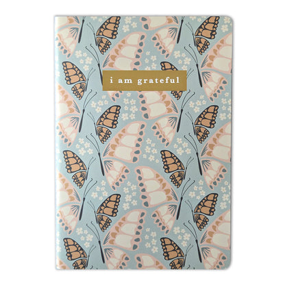 Butterfly Floral "I Am Grateful" Jotter Notebook — Gold Foil with Dotted Grid Pages B6 Size
