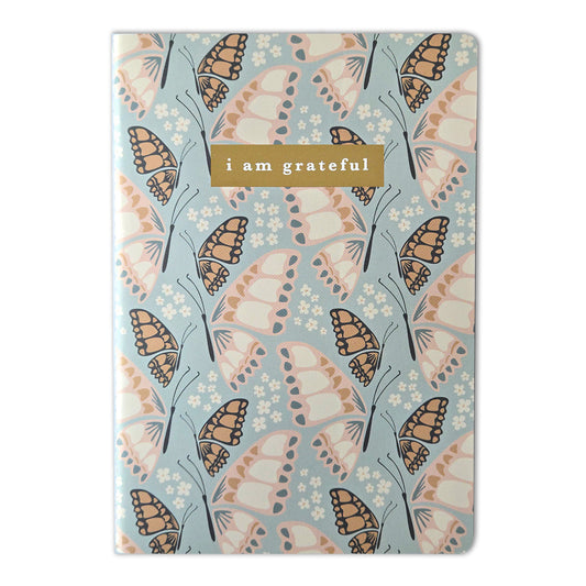 Butterfly Floral "I Am Grateful" Jotter Notebook — Gold Foil with Dotted Grid Pages B6 Size
