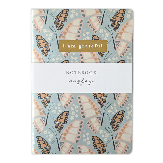 Butterfly Floral "I Am Grateful" Jotter Notebook — Gold Foil with Dotted Grid Pages B6 Size
