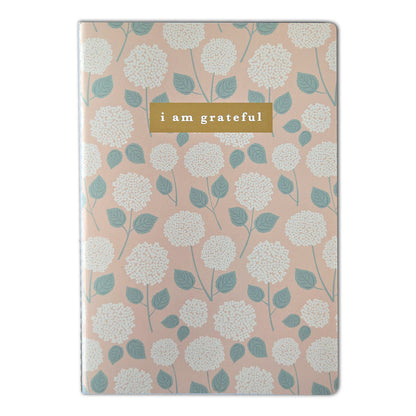 Hydrangeas Floral "I Am Grateful" Jotter Notebook — Gold Foil with Dotted Grid Pages B6 Size