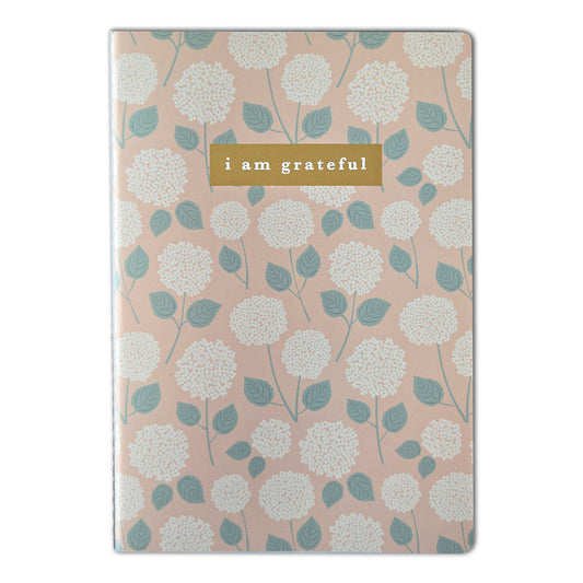 Hydrangeas Floral "I Am Grateful" Jotter Notebook — Gold Foil with Dotted Grid Pages B6 Size