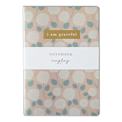 Hydrangeas Floral "I Am Grateful" Jotter Notebook — Gold Foil with Dotted Grid Pages B6 Size