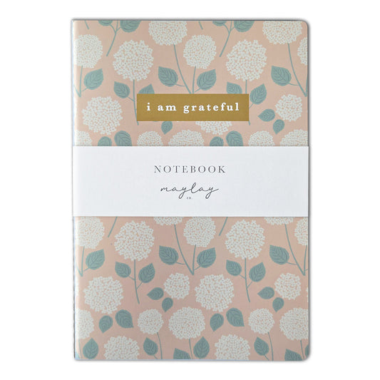 Hydrangeas Floral "I Am Grateful" Jotter Notebook — Gold Foil with Dotted Grid Pages B6 Size