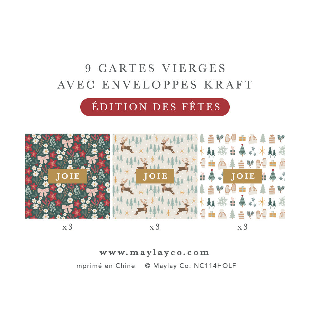 French Holiday "JOIE" Cartes de Notes Édition des Fêtes | 9Pk — Carte de Noël Mini
