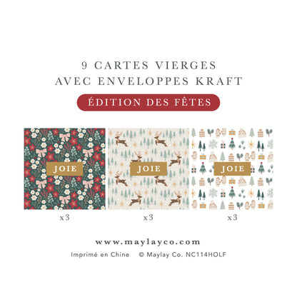 French Holiday "JOIE" Cartes de Notes Édition des Fêtes | 9Pk — Carte de Noël Mini