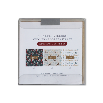 French Holiday "JOIE" Cartes de Notes Édition des Fêtes | 9Pk — Carte de Noël Mini