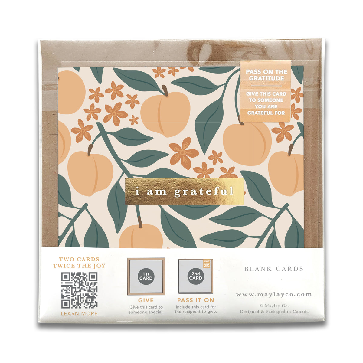 Peaches Floral "I Am Grateful" Gratitude Greeting Cards (Set of 2) — Pay-It-Forward Thank You Cards