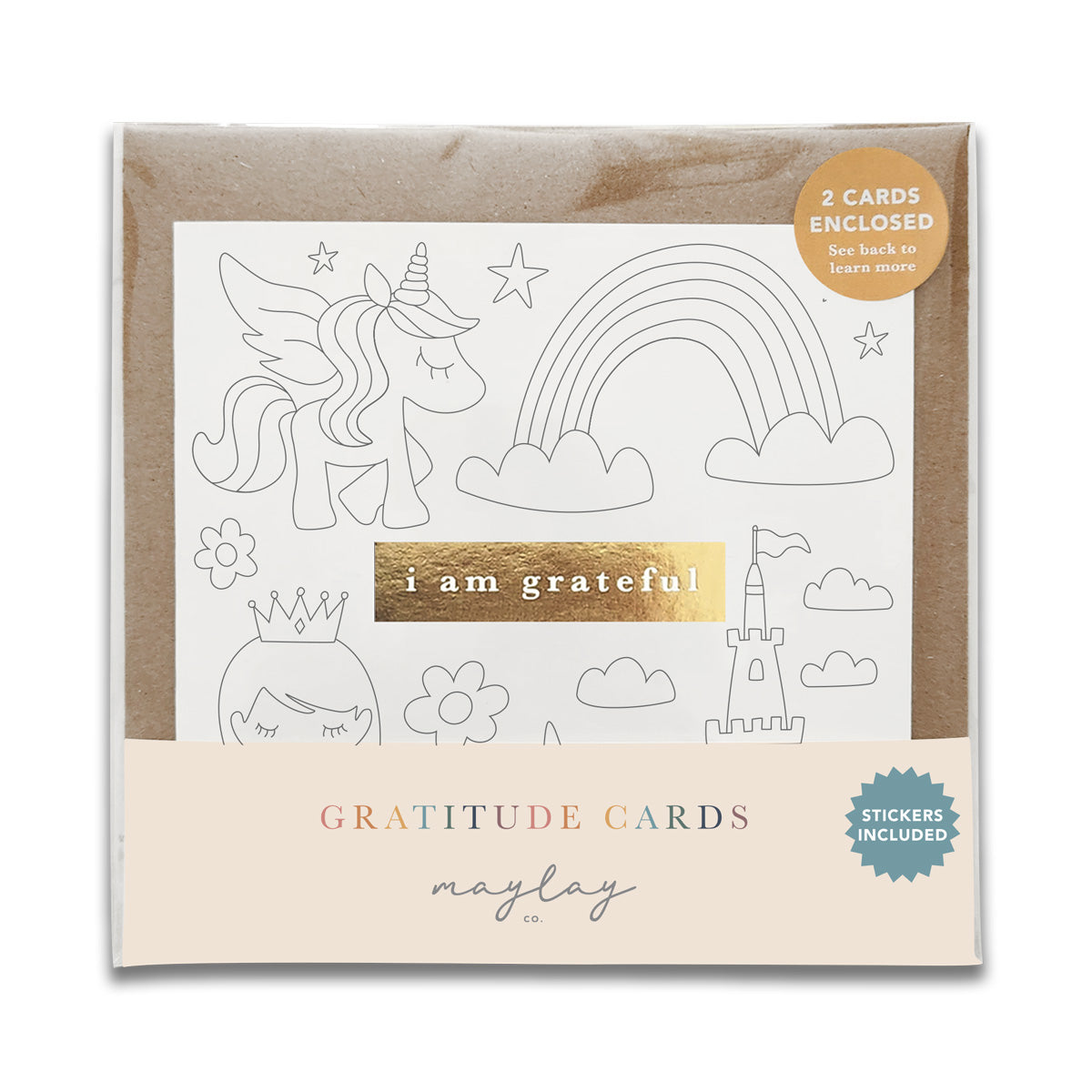 Kids Princess Unicorn "I Am Grateful" Gratitude Greeting Cards (Set of 2) — Colour-Your-Own Pay-It-Forward Thank You Cards