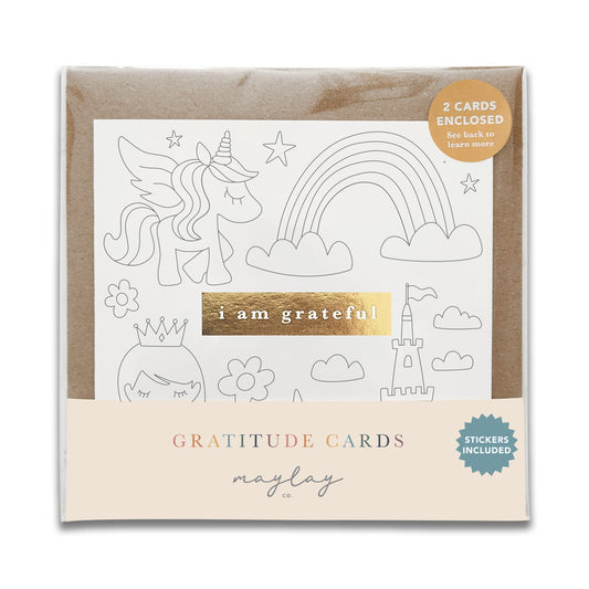 Kids Princess Unicorn "I Am Grateful" Gratitude Greeting Cards (Set of 2) — Colour-Your-Own Pay-It-Forward Thank You Cards