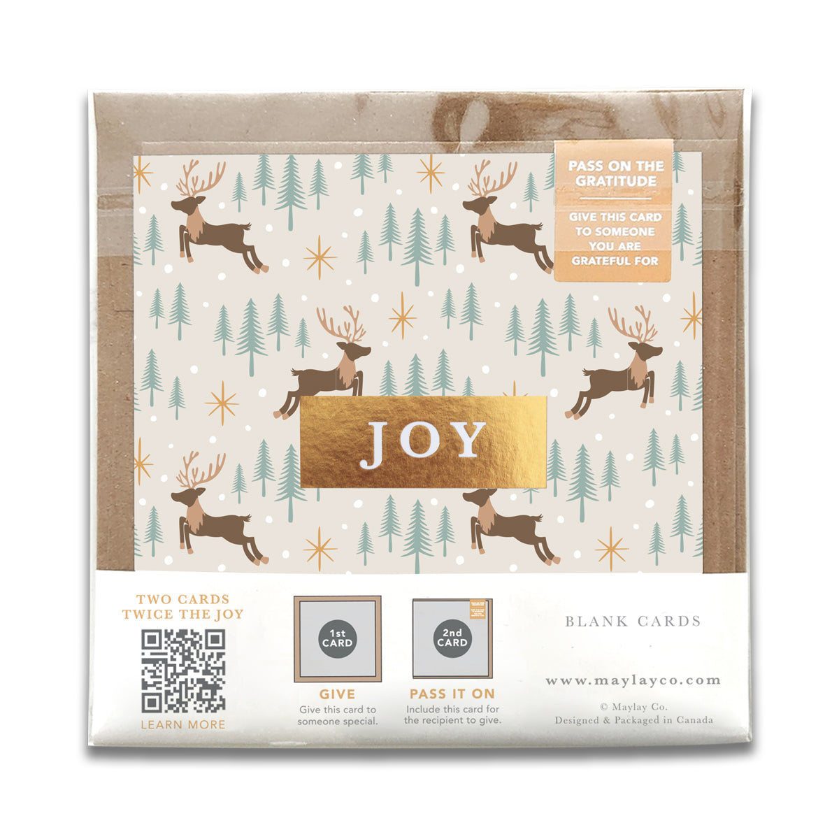Reindeer Forest "JOY" Holiday Gratitude Greeting Cards (Set of 2) — Pay-It-Forward Christmas Card