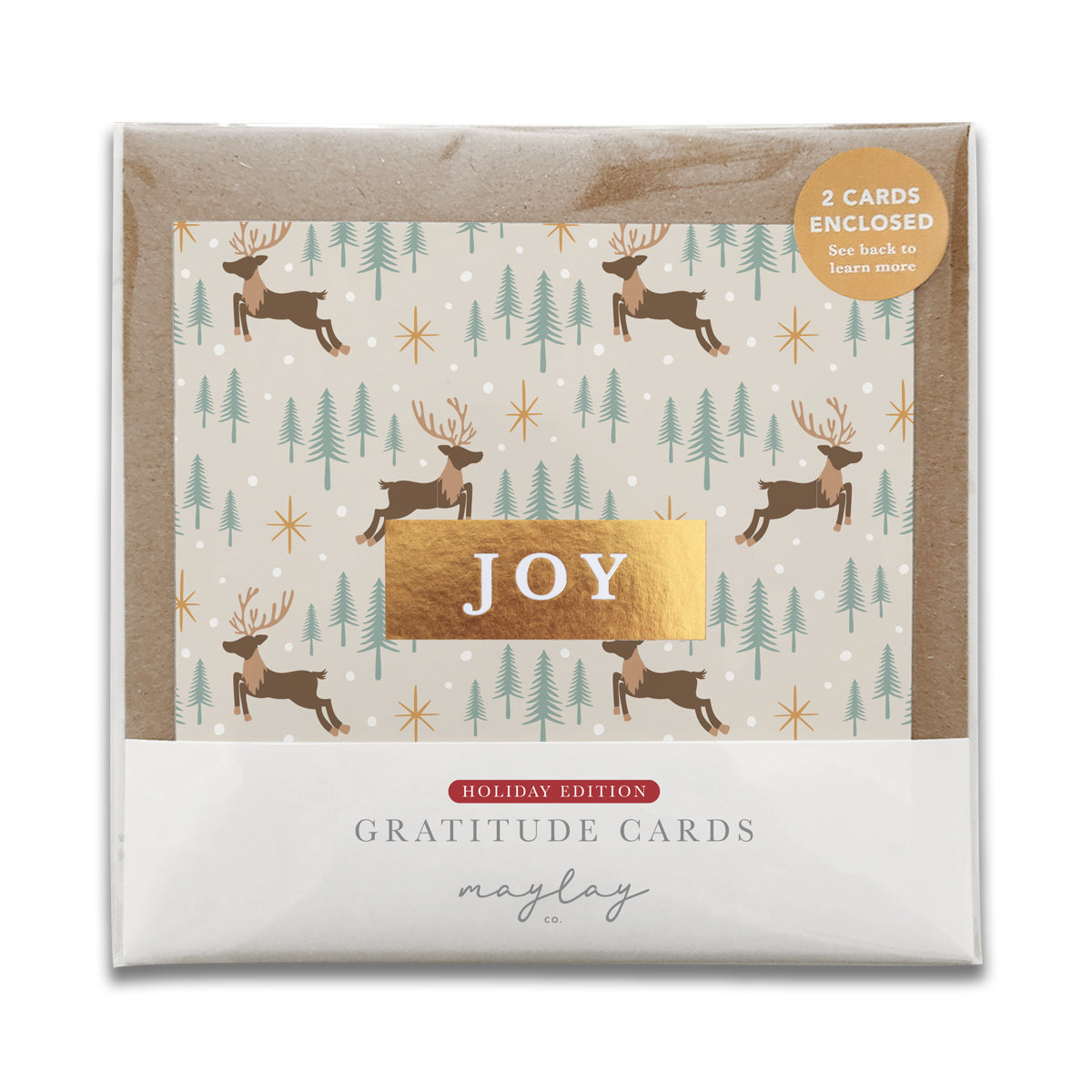 Reindeer Forest "JOY" Holiday Gratitude Greeting Cards (Set of 2) — Pay-It-Forward Christmas Card