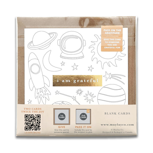 Kids Space Planets "I Am Grateful" Gratitude Greeting Cards (Set of 2) — Colour-Your-Own Pay-It-Forward Thank You Cards