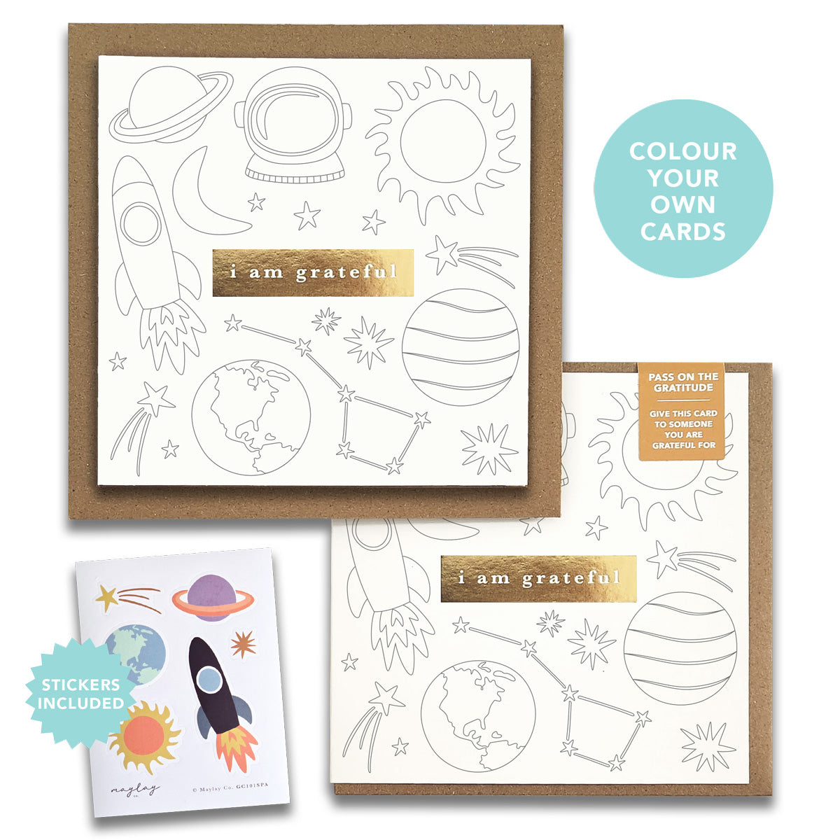 Kids Space Planets "I Am Grateful" Gratitude Greeting Cards (Set of 2) — Colour-Your-Own Pay-It-Forward Thank You Cards