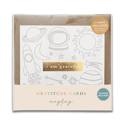 Kids Space Planets "I Am Grateful" Gratitude Greeting Cards (Set of 2) — Colour-Your-Own Pay-It-Forward Thank You Cards