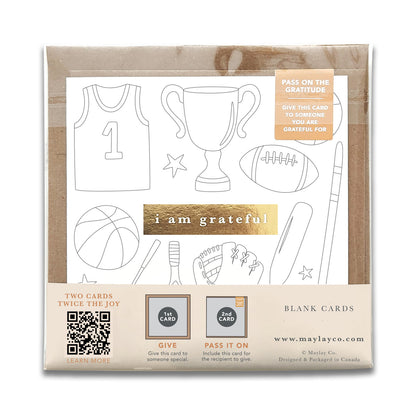 Kids Sports "I Am Grateful" Gratitude Greeting Cards (Set of 2) — Colour-Your-Own Pay-It-Forward Thank You Cards