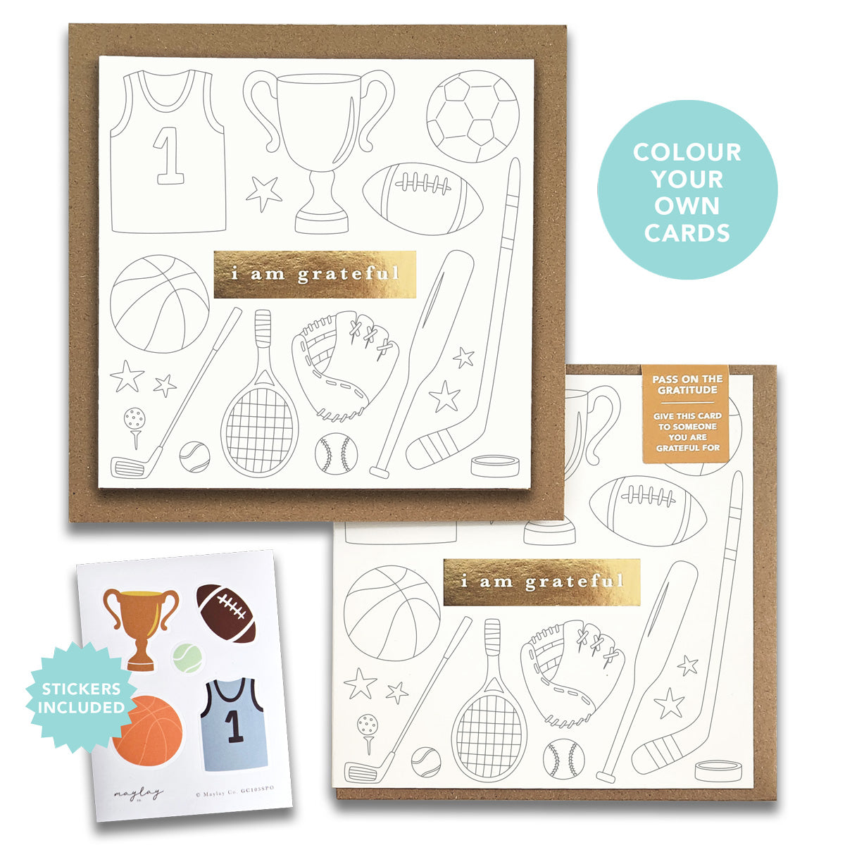 Kids Sports "I Am Grateful" Gratitude Greeting Cards (Set of 2) — Colour-Your-Own Pay-It-Forward Thank You Cards