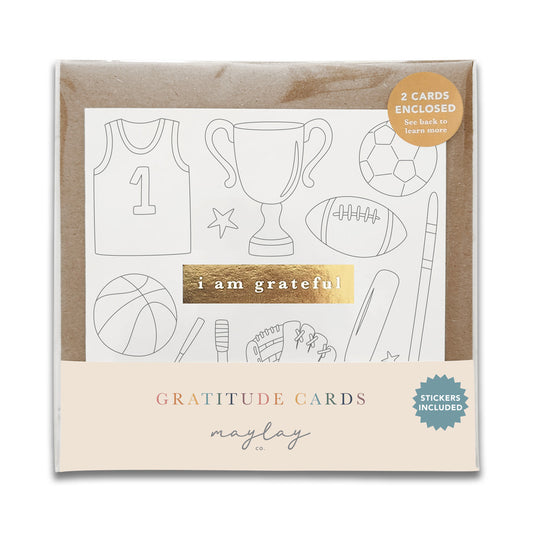Kids Sports "I Am Grateful" Gratitude Greeting Cards (Set of 2) — Colour-Your-Own Pay-It-Forward Thank You Cards