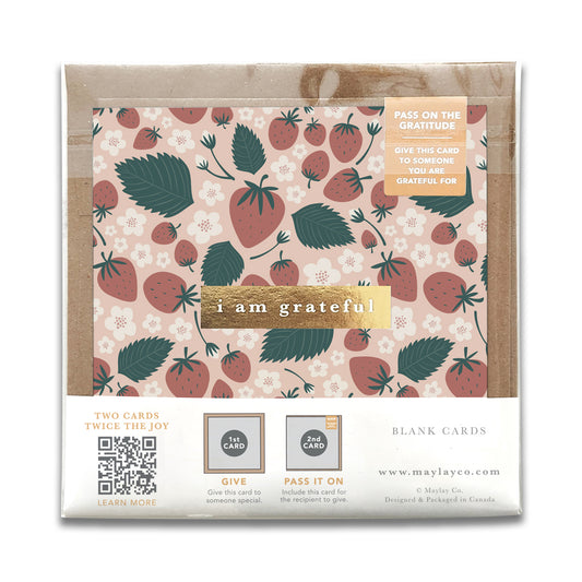 Strawberries Floral "I Am Grateful" Gratitude Greeting Cards (Set of 2) — Pay-It-Forward Thank You Cards