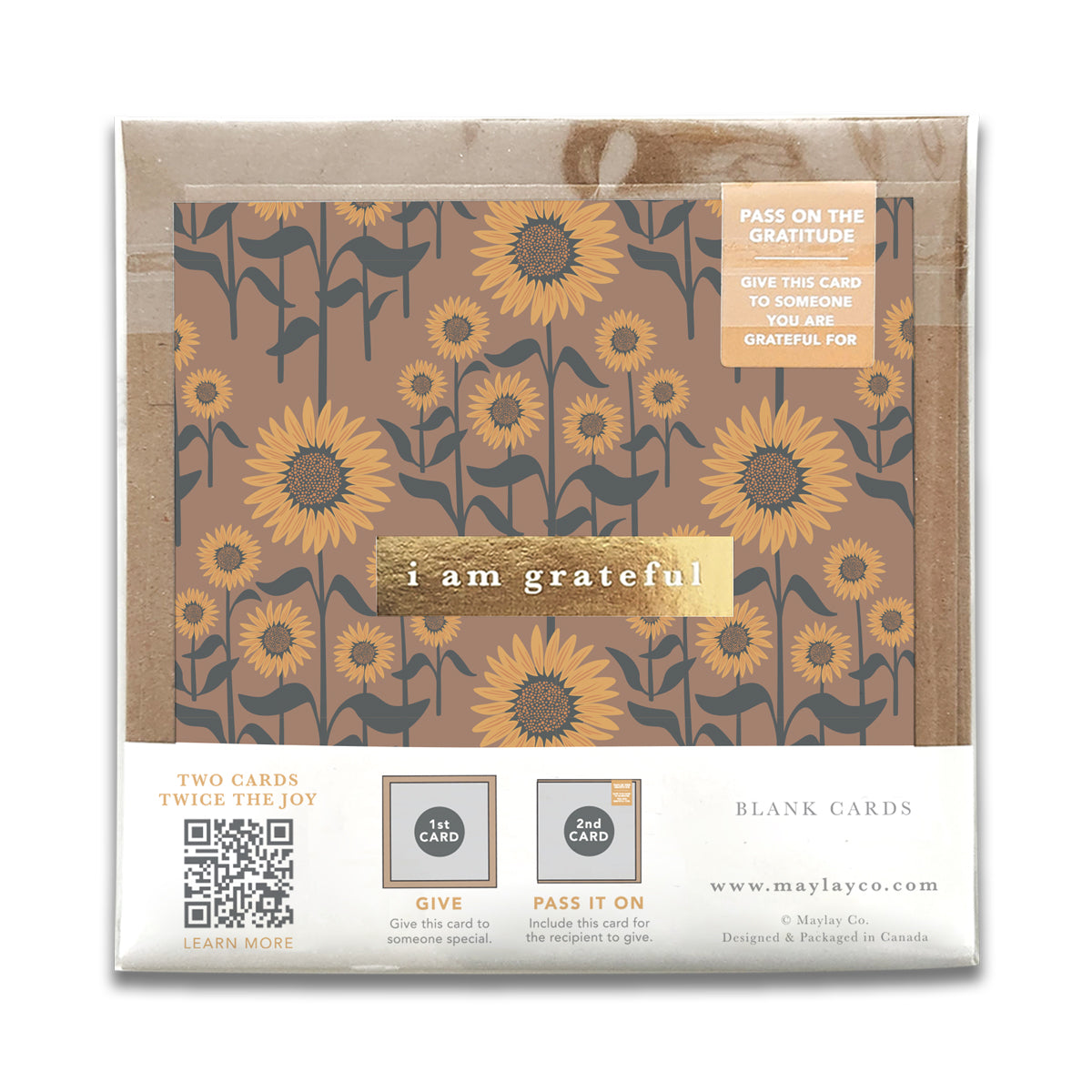 Sunflowers "I Am Grateful" Gratitude Greeting Cards (Set of 2) — Pay-It-Forward Thank You Cards