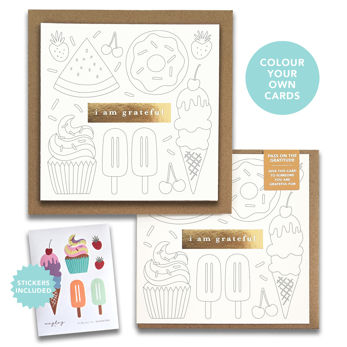 Kids Sweet Treats "I Am Grateful" Gratitude Greeting Cards (Set of 2) — Colour-Your-Own Pay-It-Forward Thank You Cards