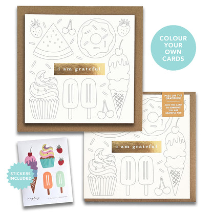 Kids Sweet Treats "I Am Grateful" Gratitude Greeting Cards (Set of 2) — Colour-Your-Own Pay-It-Forward Thank You Cards