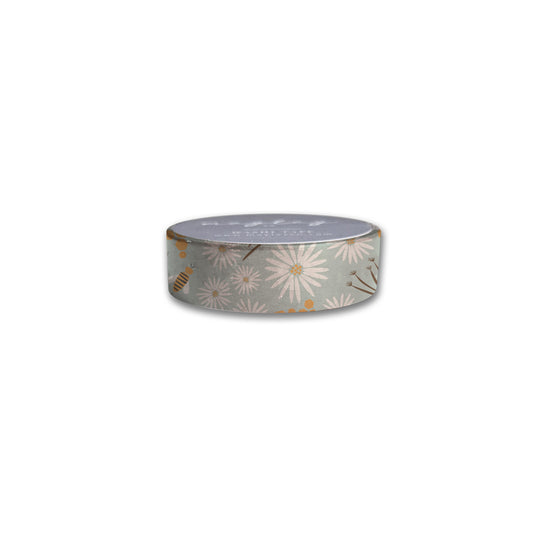 The Bees Floral Washi Tape by Maylay Co. is ideal for scrapbooking, showcasing a pastel green background embellished with white daisies, tiny bees, and orange dots.