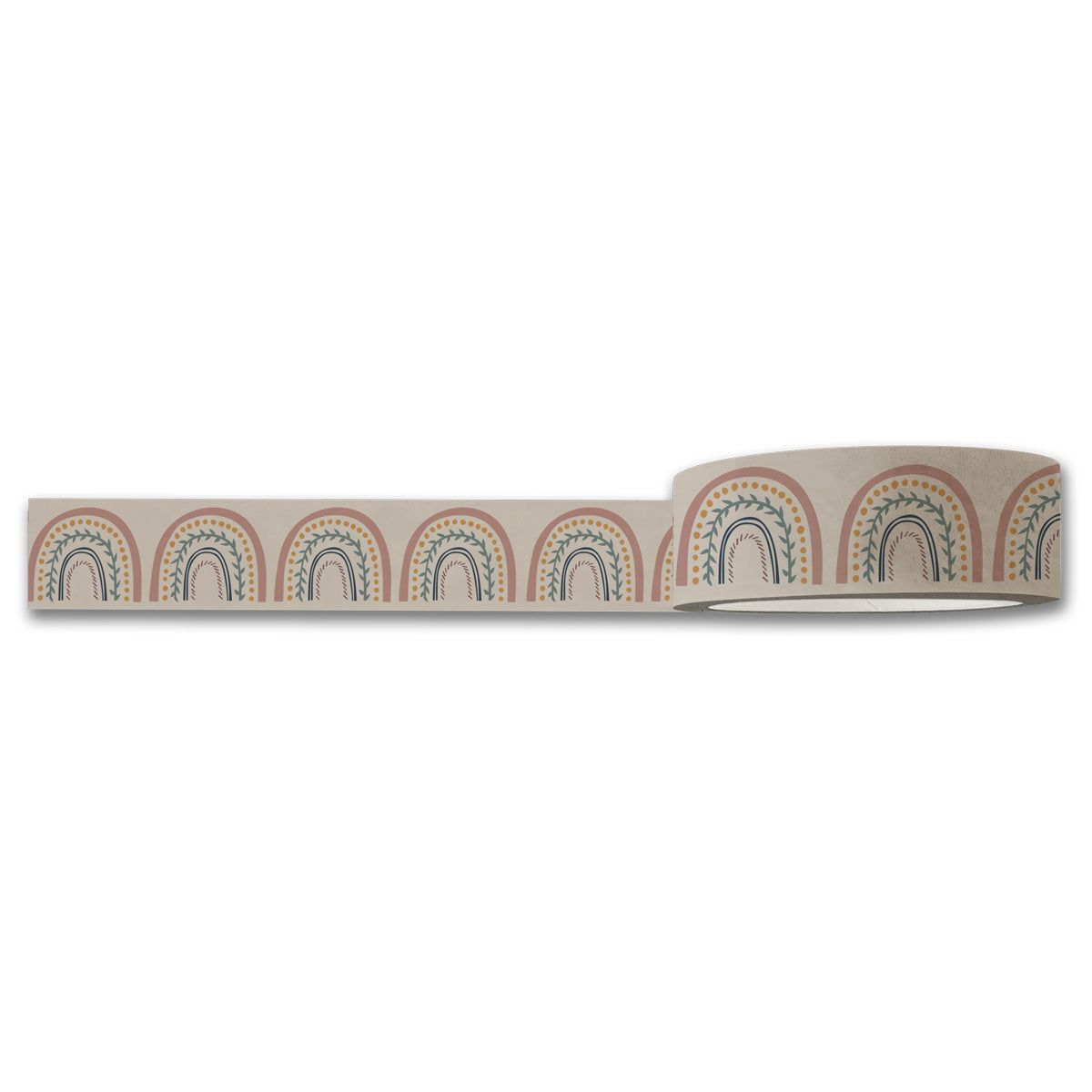 The Happy Rainbows Washi Tape by Maylay Co. from our crafting supplies collection features a repetitive rainbow pattern in soft colors, including blue, orange, and beige on a subtle background. The tape is partially unrolled to highlight its delightful design.