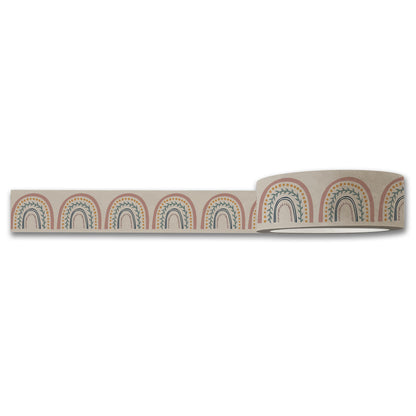 The Happy Rainbows Washi Tape by Maylay Co. from our crafting supplies collection features a repetitive rainbow pattern in soft colors, including blue, orange, and beige on a subtle background. The tape is partially unrolled to highlight its delightful design.