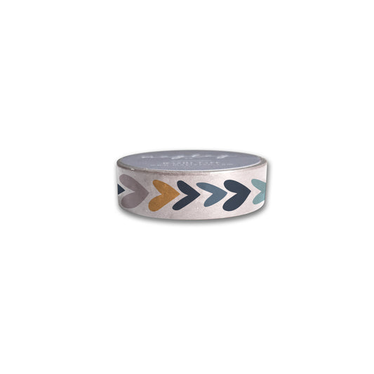 The Heartwood Washi Tape by Maylay Co. showcases an arrow pattern in shades of blue, gray, and mustard set against a white backdrop, making it ideal for scrapbooking projects.