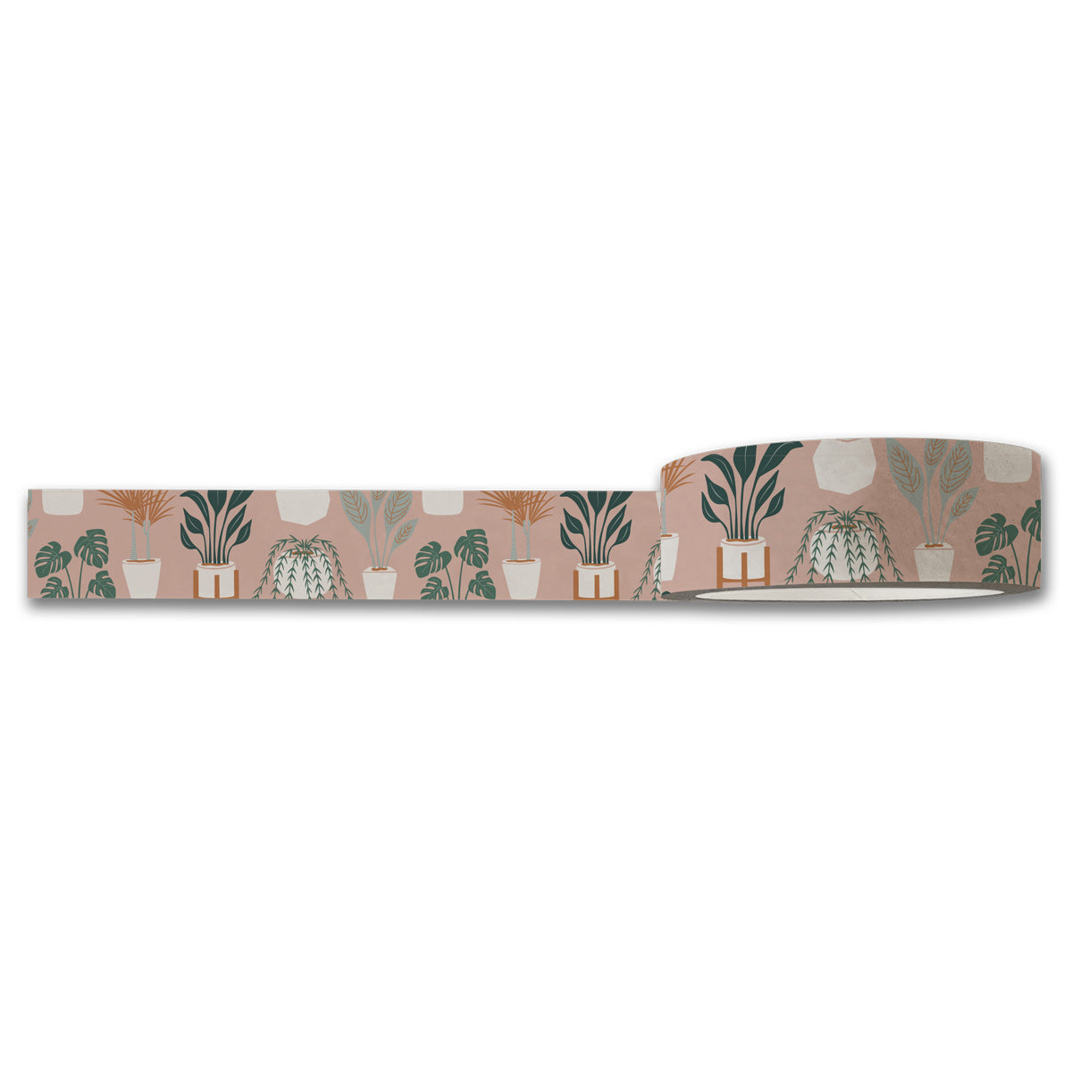 The Plant Lover Washi Tape by Maylay Co. showcases a delightful pattern of potted plants in green and white on a pink background. The diverse shapes and sizes of the pots create a playful botanical accent, making it an ideal addition to all your crafting supplies.