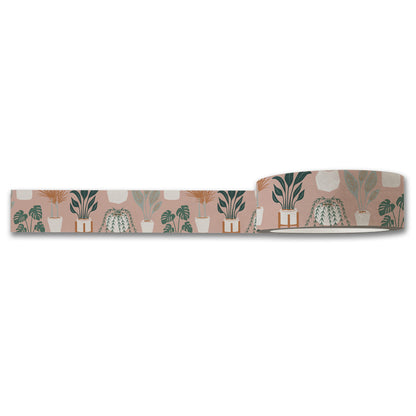 The Plant Lover Washi Tape by Maylay Co. showcases a delightful pattern of potted plants in green and white on a pink background. The diverse shapes and sizes of the pots create a playful botanical accent, making it an ideal addition to all your crafting supplies.