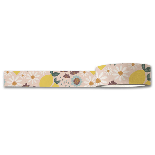 The Refreshing Washi Tape by Maylay Co. showcases a floral and leaf design in gentle hues such as yellow, green, and brown on a neutral backdrop, embellished with daisies and abstract round shapes.