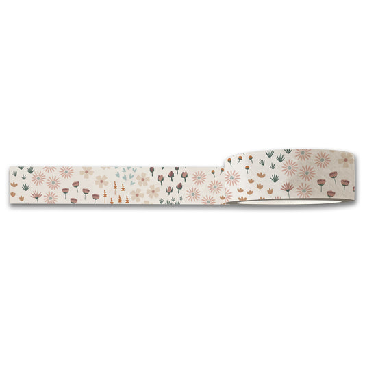 The Summerfield Washi Tape by Maylay Co. displays a charming pattern of flowers and plants in gentle hues of pink, brown, green, and orange. The tape is partially unrolled, revealing the repetitive floral design set against a white background.