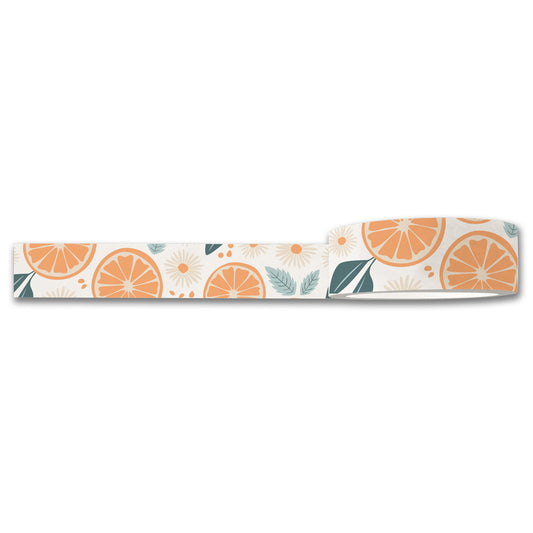 The Tang Washi Tape by Maylay Co. showcases an orange slice design with green leaves set against a white backdrop, making it ideal for scrapbooking projects.
